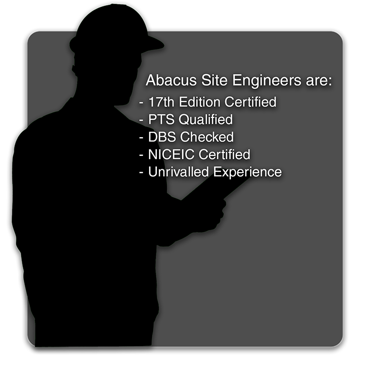 The image writes "Abacus Site Engineers are: 17th Edition Certifies, PTS Qualified, DBS Checked, NICEIC Certified and have Unrivalled Experience