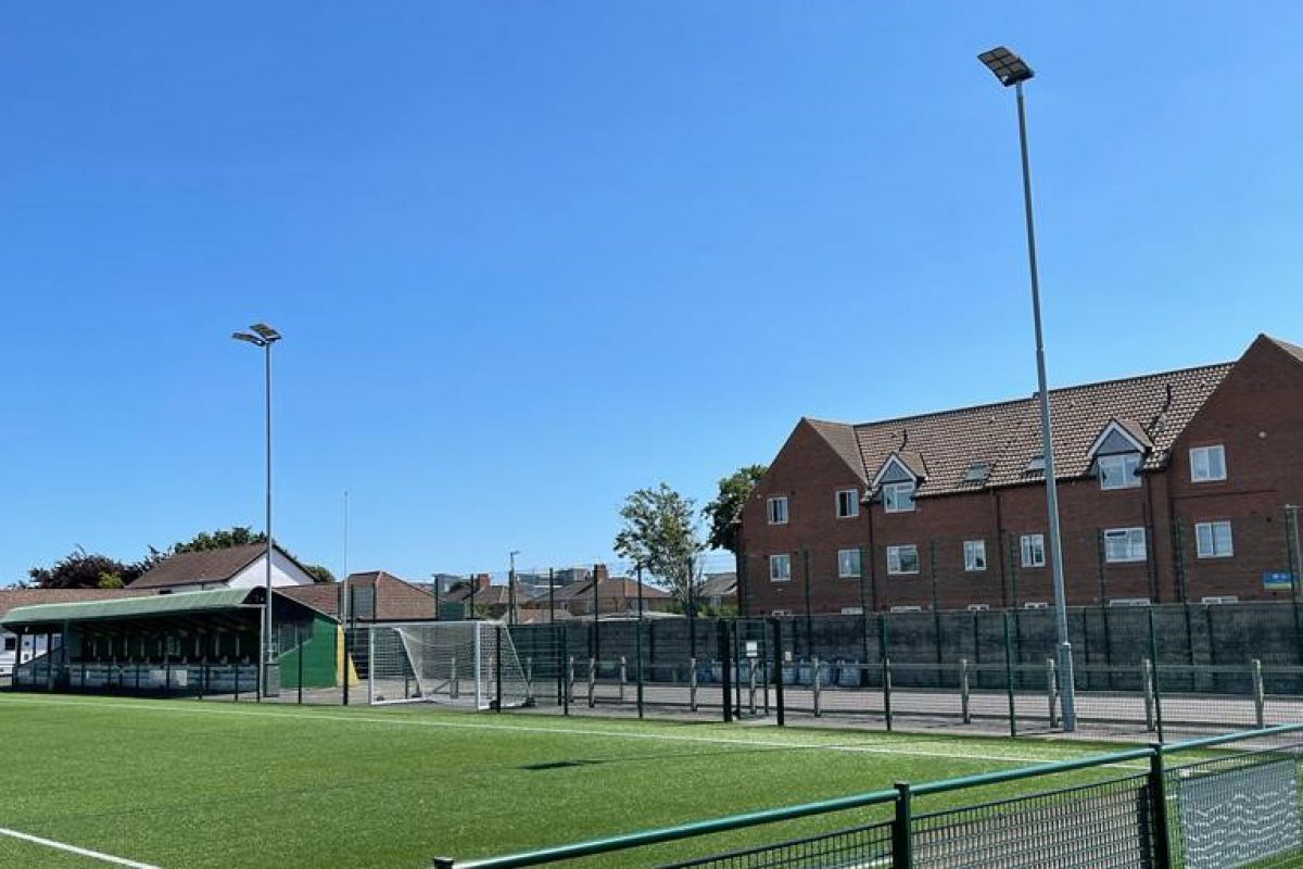 Two large LED floodlights to illuminate a football pitch