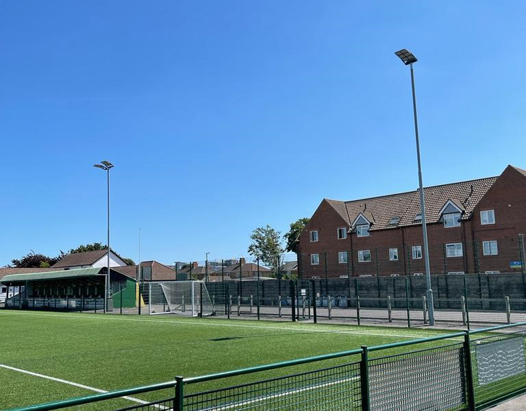 Two large LED floodlights to illuminate a football pitch
