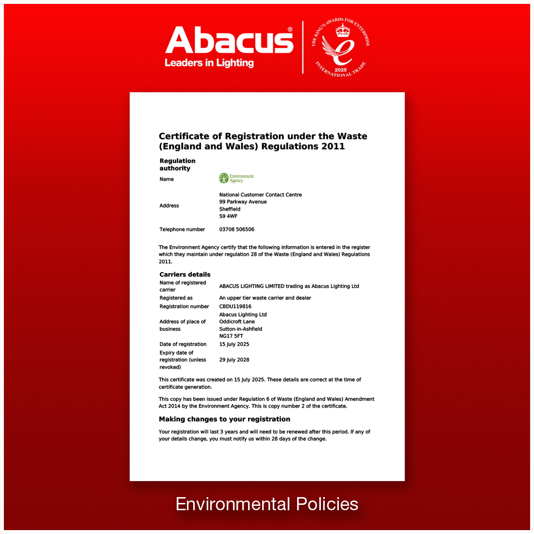 Environmental Agency Certificate